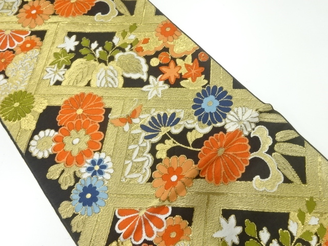 JAPANESE KIMONO / ANTIQUE FUKURO OBI / SILK / WOVEN FENCE & KIKU & PAULOWNIA